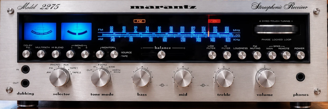 Marantz 2275 stereo receiver with a backlit tuner dial, the Plant Radio player