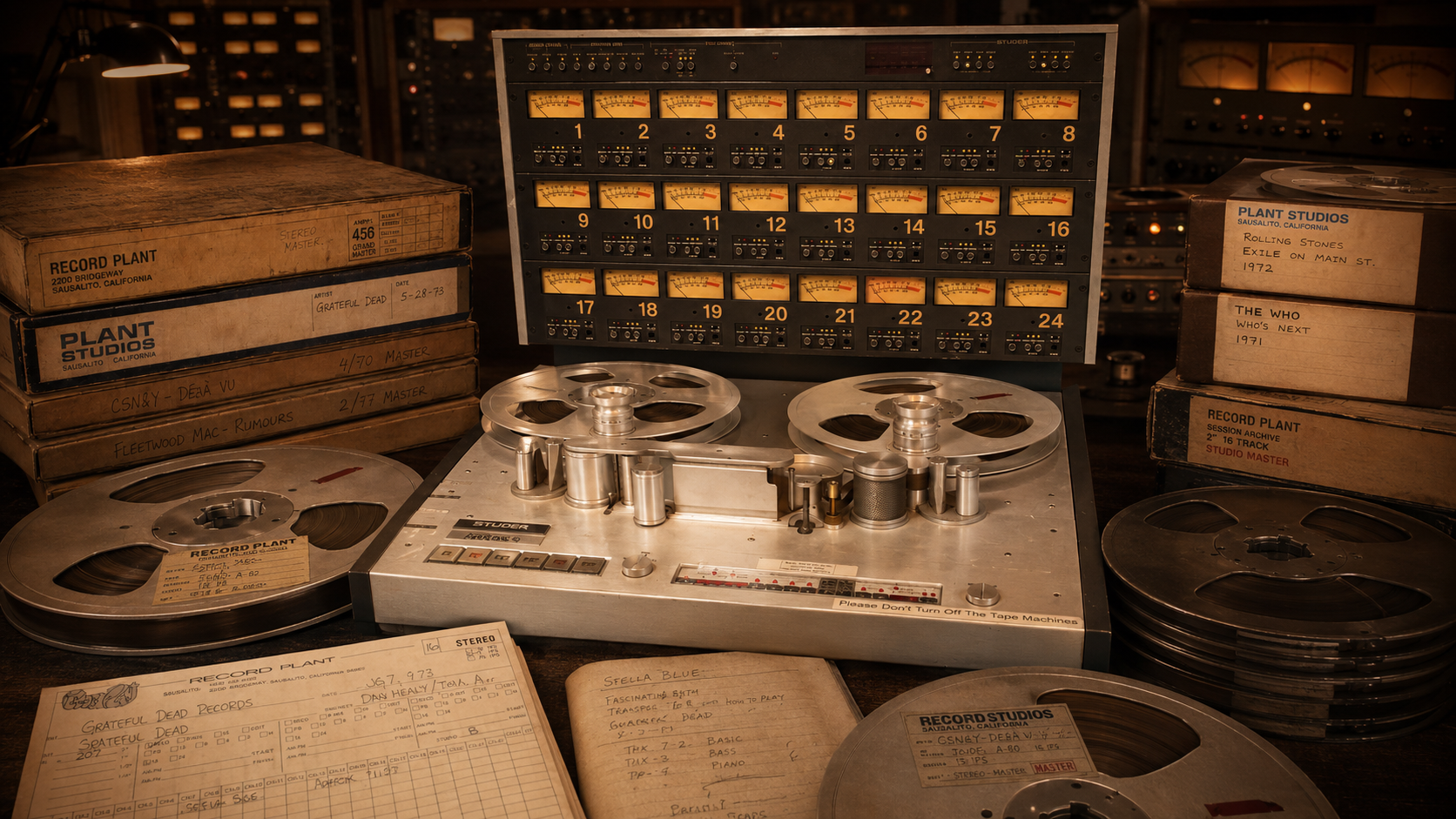 Stacked Record Plant master tape boxes with a studio log sheet and reel-to-reel tape