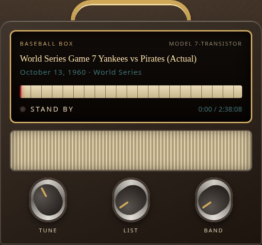 The Baseball Box: a brown 1960s transistor radio with a gold handle
