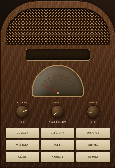 The Radio Box: a wooden cathedral radio with a tuning dial and genre buttons